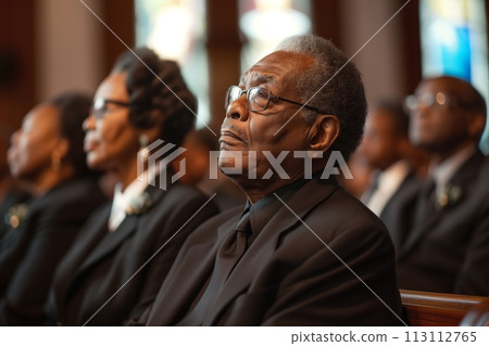 Men and women in mourning back suits sitting in the row on the bench in church at a funeral 113112765