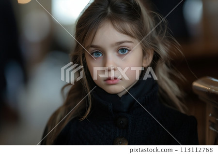 A sad little Caucasian girl at a funeral ceremony in a church 113112768