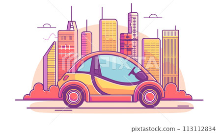 Futuristic car driving on roads in city, vector flat illustration 113112834