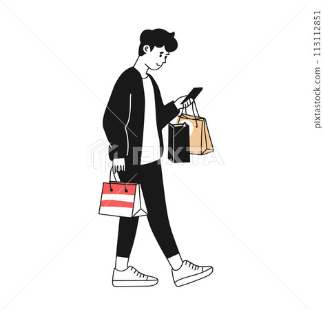 Young man shopping in the mall. Black and white vector illustration. Young man shopping in the mall. Black and white vector illustration. 113112851