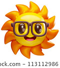 3D cute cartoon shining sun character mascot with glasses illustration. Summer hot weather vacation theme 113112986