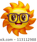 3D cute cartoon shining sun character mascot with glasses illustration. Summer hot weather vacation theme 113112988