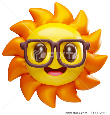3D cute cartoon shining sun character mascot with glasses illustration. Summer hot weather vacation theme 3D cute cartoon shining sun character mascot with glasses illustration. Summer hot weather vacation theme 113112988