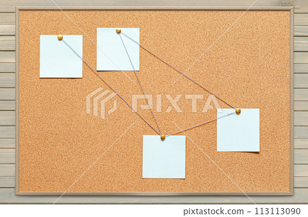 Blank paper notes are pinned to a cork board. The concept of detective investigation or training . Copy space. 113113090