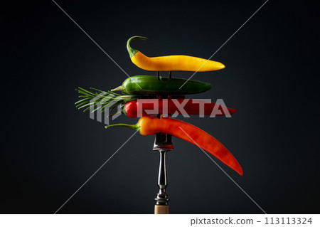 Hot chili peppers with rosemary on a fork. 113113324