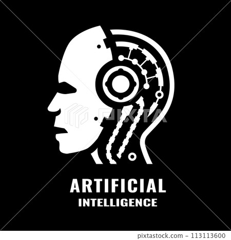 Humanoid robot, logo, symbol on a dark background. Humanoid robot, logo, symbol on a dark background. 113113600