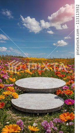 Natural podium background on colorful flowers field with sky for product stand display advertising cosmetic beauty products or skincare with empty round stage Natural podium background on colorful flowers field with sky for product stand display advertising cosmetic beauty products or skincare with empty round stage 113113932