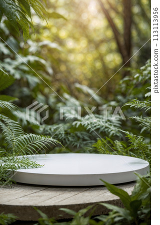luxurious Platform and podium background on nature and monstera leaves for product stand display advertising cosmetic beauty products or skincare with empty round stage 113113956