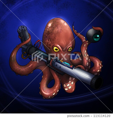Illustration of a Martian-like octopus with weapons (serious, realistic, cool) Illustration of a Martian-like octopus with weapons (serious, realistic, cool) 113114120