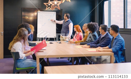 Man presenting a new project in a coworking during meeting Man presenting a new project in a coworking during meeting 113114133
