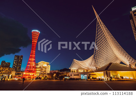 Japan, Hyogo Prefecture, Kanna City - Kanna Port Tower, Kanna Maritime Museum, orange and Japanese green light that emerges at dusk. 113114188