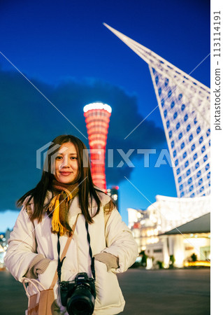 Japan, Hyogo Prefecture, Kanna City - Kanna Port Tower, Kanna Maritime Museum, orange and Japanese green light that emerges at dusk. Japan, Hyogo Prefecture, Kanna City - Kanna Port Tower, Kanna Maritime Museum, orange and Japanese green light that emerges at dusk. 113114191