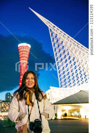 Japan, Hyogo Prefecture, Kanna City - Kanna Port Tower, Kanna Maritime Museum, orange and Japanese green light that emerges at dusk. Japan, Hyogo Prefecture, Kanna City - Kanna Port Tower, Kanna Maritime Museum, orange and Japanese green light that emerges at dusk. 113114195