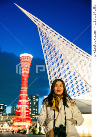 Japan, Hyogo Prefecture, Kanna City - Kanna Port Tower, Kanna Maritime Museum, orange and Japanese green light that emerges at dusk. Japan, Hyogo Prefecture, Kanna City - Kanna Port Tower, Kanna Maritime Museum, orange and Japanese green light that emerges at dusk. 113114196