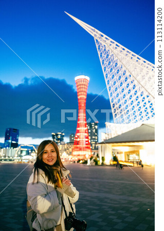 Japan, Hyogo Prefecture, Kanna City - Kanna Port Tower, Kanna Maritime Museum, orange and Japanese green light that emerges at dusk. Japan, Hyogo Prefecture, Kanna City - Kanna Port Tower, Kanna Maritime Museum, orange and Japanese green light that emerges at dusk. 113114200
