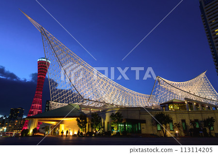 Japan, Hyogo Prefecture, Kanna City - Kanna Port Tower, Kanna Maritime Museum, orange and Japanese green light that emerges at dusk. Japan, Hyogo Prefecture, Kanna City - Kanna Port Tower, Kanna Maritime Museum, orange and Japanese green light that emerges at dusk. 113114205