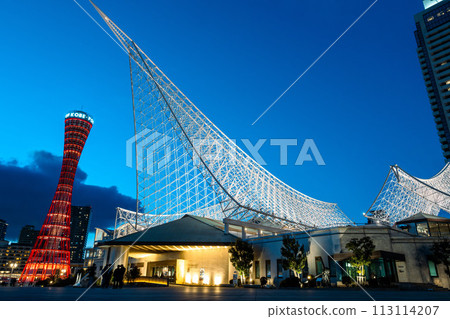 Japan, Hyogo Prefecture, Kanna City - Kanna Port Tower, Kanna Maritime Museum, orange and Japanese green light that emerges at dusk. Japan, Hyogo Prefecture, Kanna City - Kanna Port Tower, Kanna Maritime Museum, orange and Japanese green light that emerges at dusk. 113114207