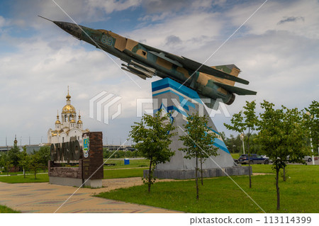 Russia. Moscow oblast. July 13, 2023. Stella with a MIG-23 aircraft at the entrance to the city of Stupino. Russia. Moscow oblast. July 13, 2023. Stella with a MIG-23 aircraft at the entrance to the city of Stupino. 113114399