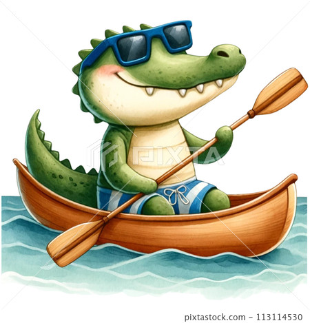 Cute crocodile paddling a canoe in the sea watercolor clipart .AI Generate 113114530