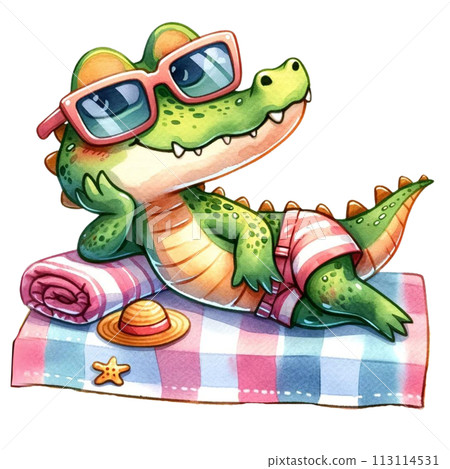 Cute crocodile sunbathing at the beach watercolor clipart .AI Generate 113114531