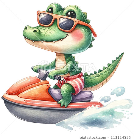 Cute crocodile wearing sunglasses and shorts, riding a jet ski watercolor clipart .AI Generate Cute crocodile wearing sunglasses and shorts, riding a jet ski watercolor clipart .AI Generate 113114535