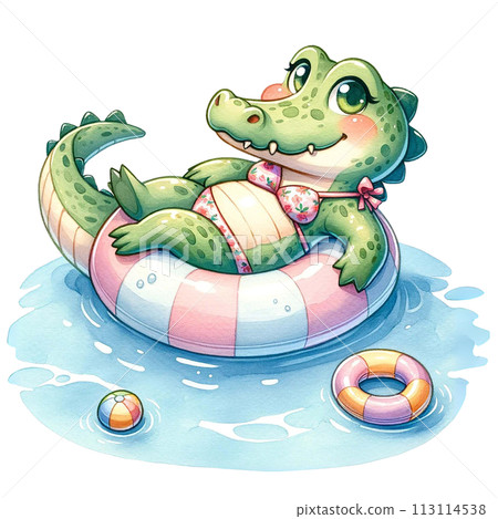 Cute crocodile wearing a bikini and floating in a swimming pool with a swim ring watercolor clipart .AI Generate 113114538