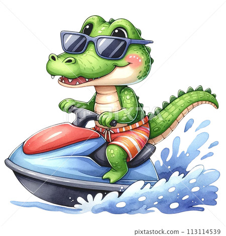 Cute crocodile wearing sunglasses and shorts, riding a jet ski watercolor clipart .AI Generate Cute crocodile wearing sunglasses and shorts, riding a jet ski watercolor clipart .AI Generate 113114539