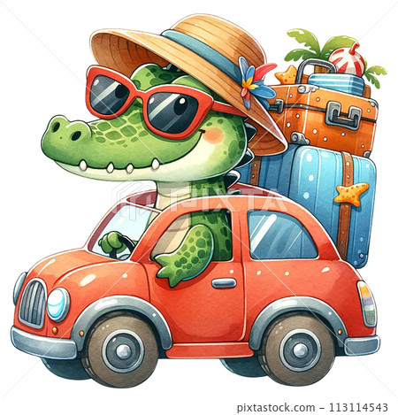 Cute crocodile driving a car packed with luggage for a summer holiday adventure watercolor clipart .AI Generate 113114543