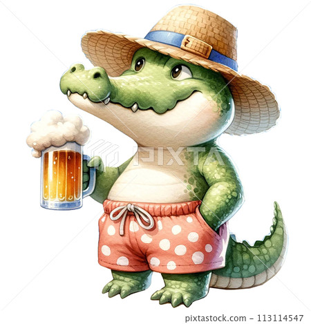 Cute crocodile sipping beer by the beach watercolor clipart .AI Generate Cute crocodile sipping beer by the beach watercolor clipart .AI Generate 113114547