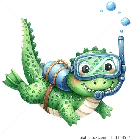 Cute crocodile scuba diving under the sea watercolor clipart .AI Generate 113114565