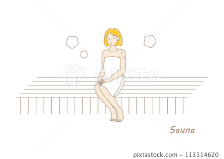一個可愛的熱愛桑拿的女人在桑拿房裡享受桑拿準備桑拿女孩簡單插圖向量 113114620