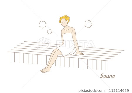 A cute sauna-loving woman enjoying the sauna in the sauna room Getting ready Sauna girl Simple Illustration Vector 113114629