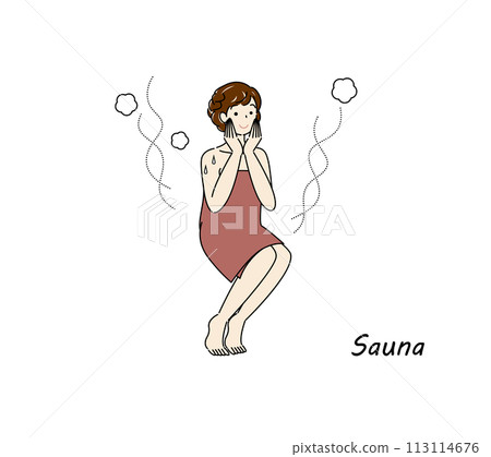 After taking a cold bath from the sauna, a cute woman moves to the rest area and cools her body down in the fresh air. 113114676