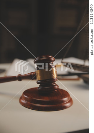 image of judge's hammer, scales lady of justice, law book, laptop computer and contract documents with pen concept of law and justice. image of judge's hammer, scales lady of justice, law book, laptop computer and contract documents with pen concept of law and justice. 113114840