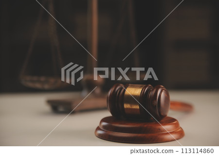 image of judge's hammer, scales lady of justice, law book, laptop computer and contract documents with pen concept of law and justice. image of judge's hammer, scales lady of justice, law book, laptop computer and contract documents with pen concept of law and justice. 113114860