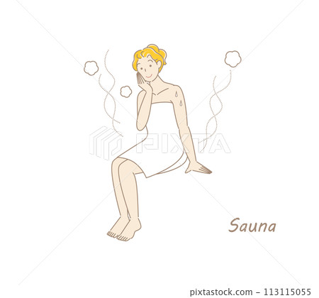 從桑拿房洗完冷水澡後，一位可愛的女士走到休息區，在新鮮的空氣中為身體降溫。 113115055