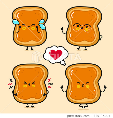 Happy Toast piece of bread with peanut butter characters bundle set. Vector hand drawn doodle style cartoon character. Isolated brown background. Toast piece of bread with peanut butter character Happy Toast piece of bread with peanut butter characters bundle set. Vector hand drawn doodle style cartoon character. Isolated brown background. Toast piece of bread with peanut butter character 113115095