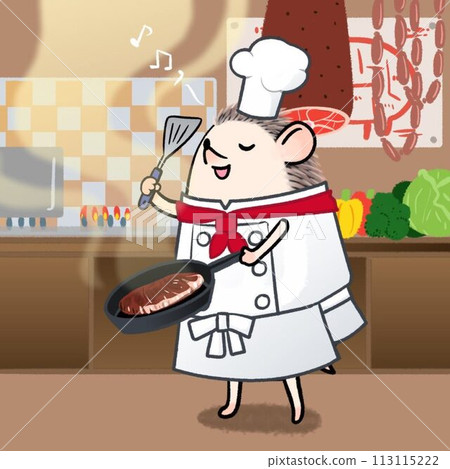 An illustration of a hedgehog chef who is a gourmet and foodie who comes up with a delicious menu. 113115222