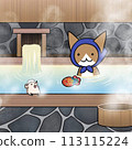 Cat and hedgehog relaxing in the bath (bathing, hot springs, pets) 113115224
