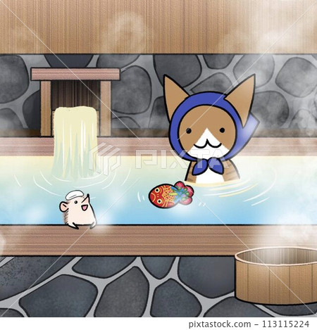 Cat and hedgehog relaxing in the bath (bathing, hot springs, pets) 113115224