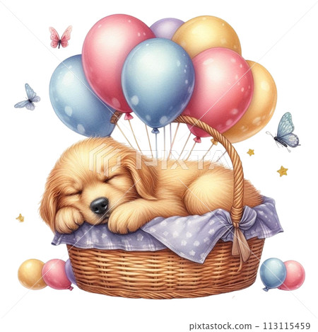 Dog sleeping in a basket of balloons Dog sleeping in a basket of balloons 113115459