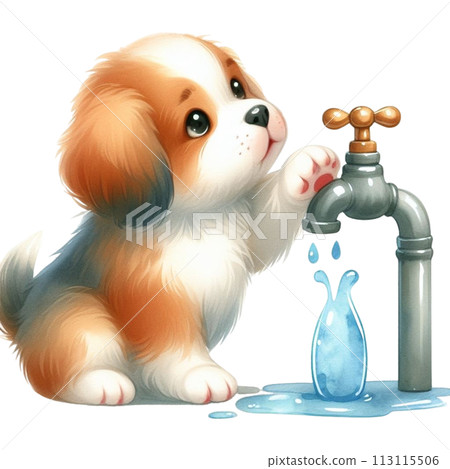 Dog turns off faucet clipart watercolor 113115506