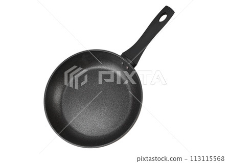 Black frying pan with nonstick surface isolated on white background, close-up 113115568