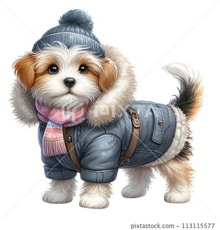 Dog wearing winter clothes clipart watercolor 113115577