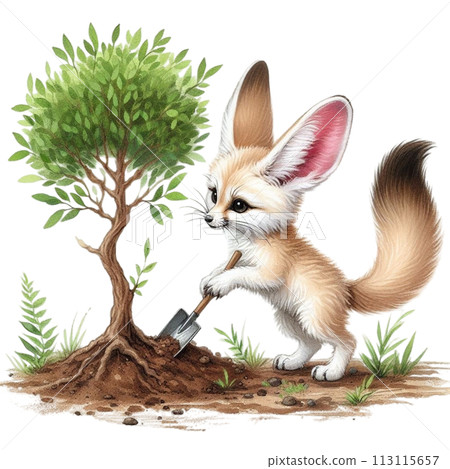 Fox waters the plants clipart watercolor 113115657