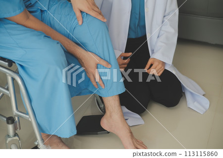 young asian physical therapist working with senior woman on walking with a walker young asian physical therapist working with senior woman on walking with a walker 113115860