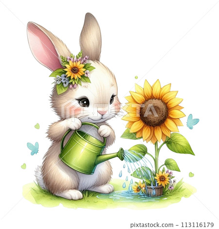 Rabbit waters sunflowers clipart watercolor 113116179