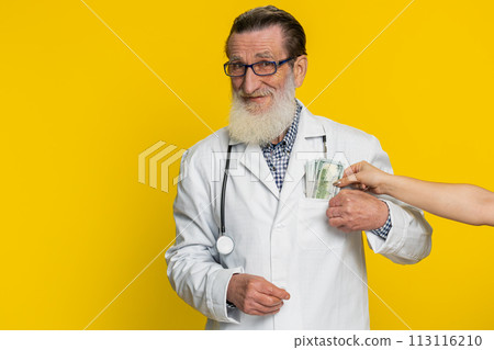 Doctor man receive bribe from patient, taking money from client, hiding cash into pocket, corruption 113116210