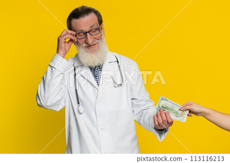 Doctor man receive bribe from patient, taking money from client, hiding cash into pocket, corruption Doctor man receive bribe from patient, taking money from client, hiding cash into pocket, corruption 113116213