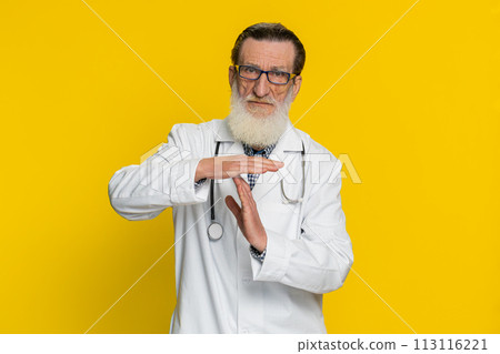 Tired upset doctor man showing pause gesture, limit or stop sign, time out, take a break relax, rest 113116221